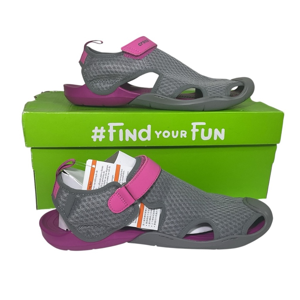 Crocs Swiftwater Mesh Sandal Women’s Size 10 Smoke Gray Pink Strap Comfort Rare!